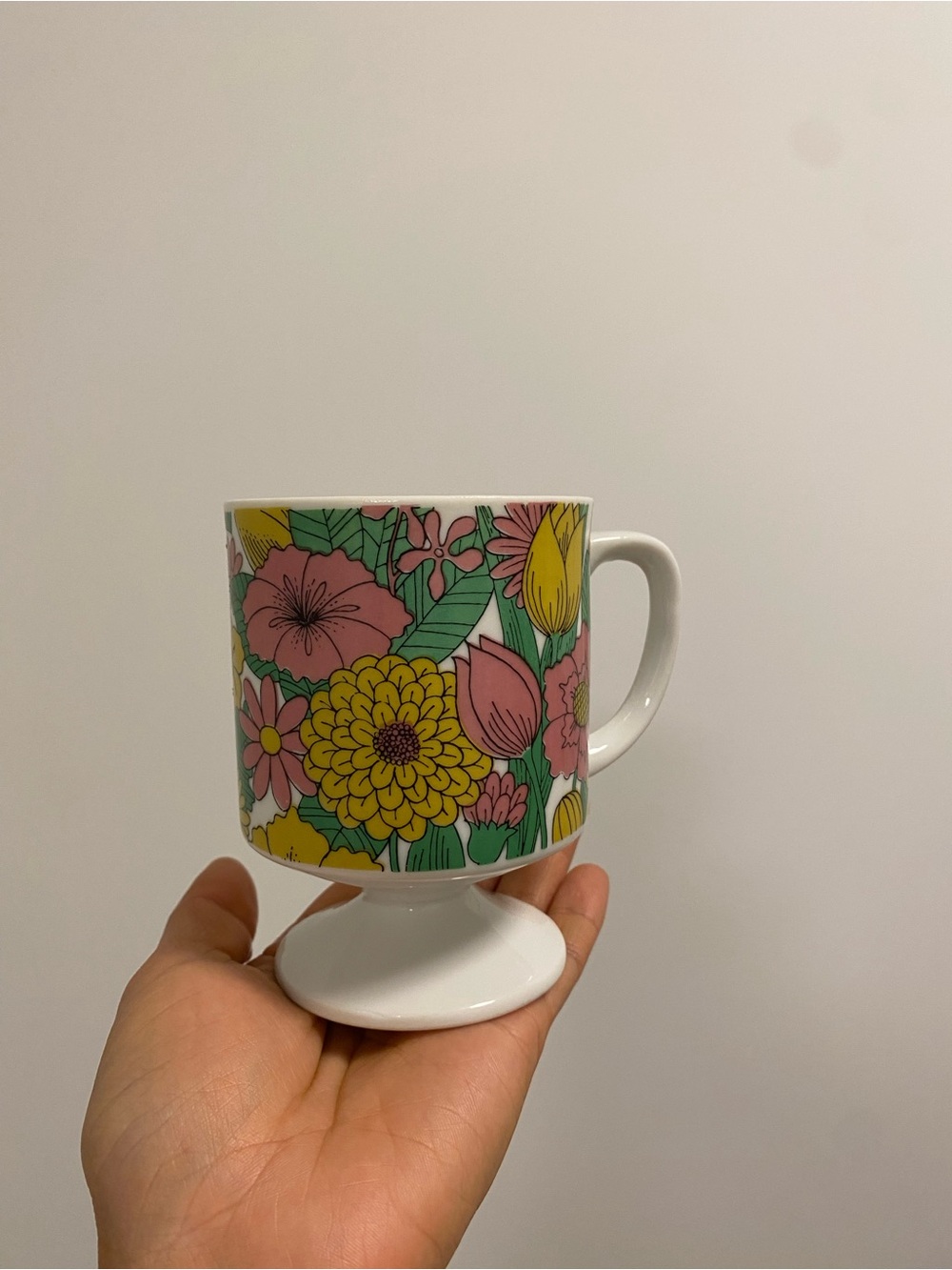 Vintage - Japan - Floral Pedestal Mug with Pink, Yellow & Green Pattern